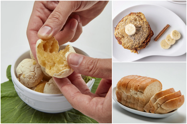 Pão de beijo, panqueca de banana e maçã e pão de forma de batata doce da PQF